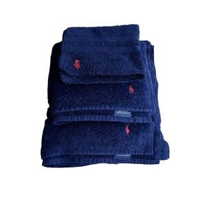 Ralph Lauren Navy Blue Cotton Towel Set Red Pony Logo Made in USA 3 Piece